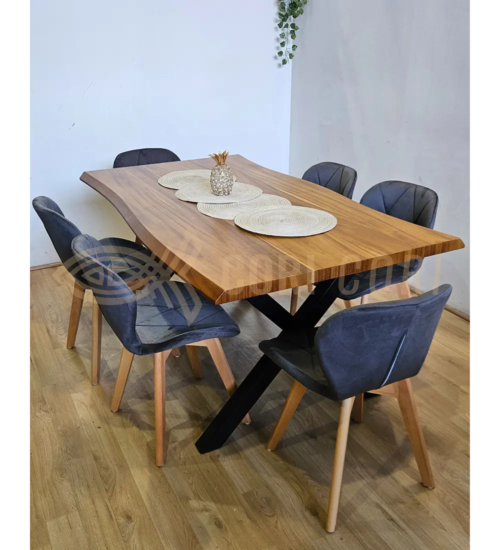 Juego de Comedor Medlock Rústica 160x90 cm + 6 Sillas Mariposa Velvet