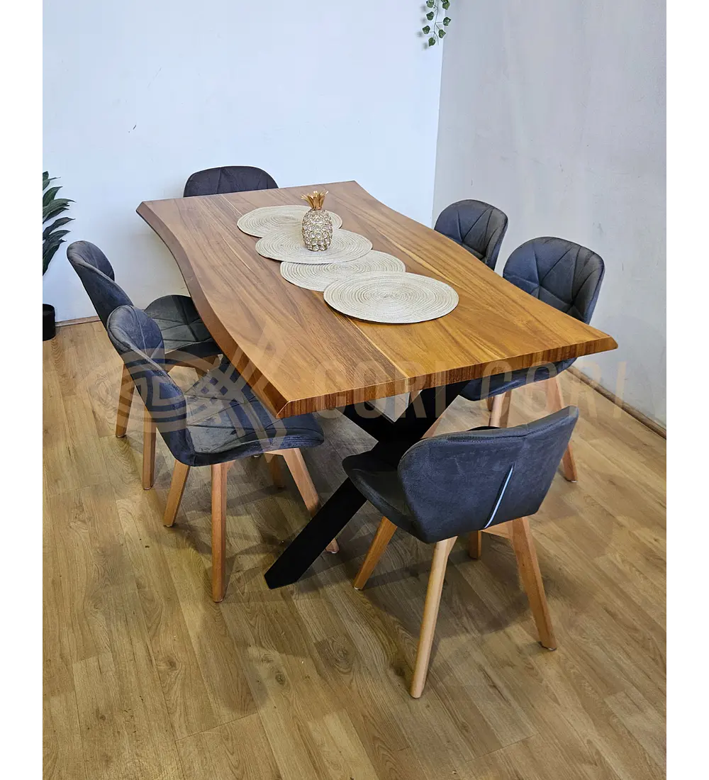 Juego de Comedor Medlock Rústica 160x90 cm + 6 Sillas Mariposa Velvet