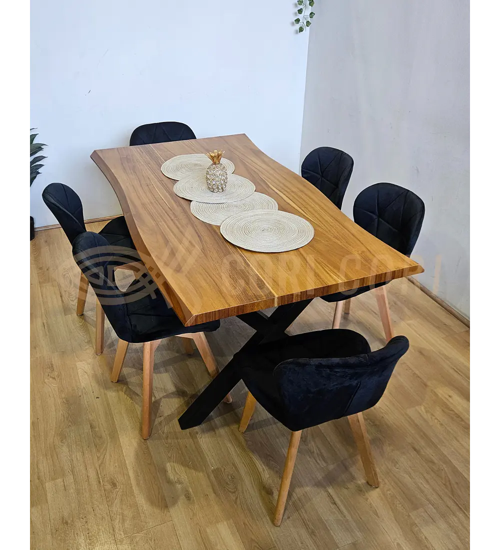 Juego de Comedor Medlock Rústica 160x90 cm + 6 Sillas Mariposa Velvet