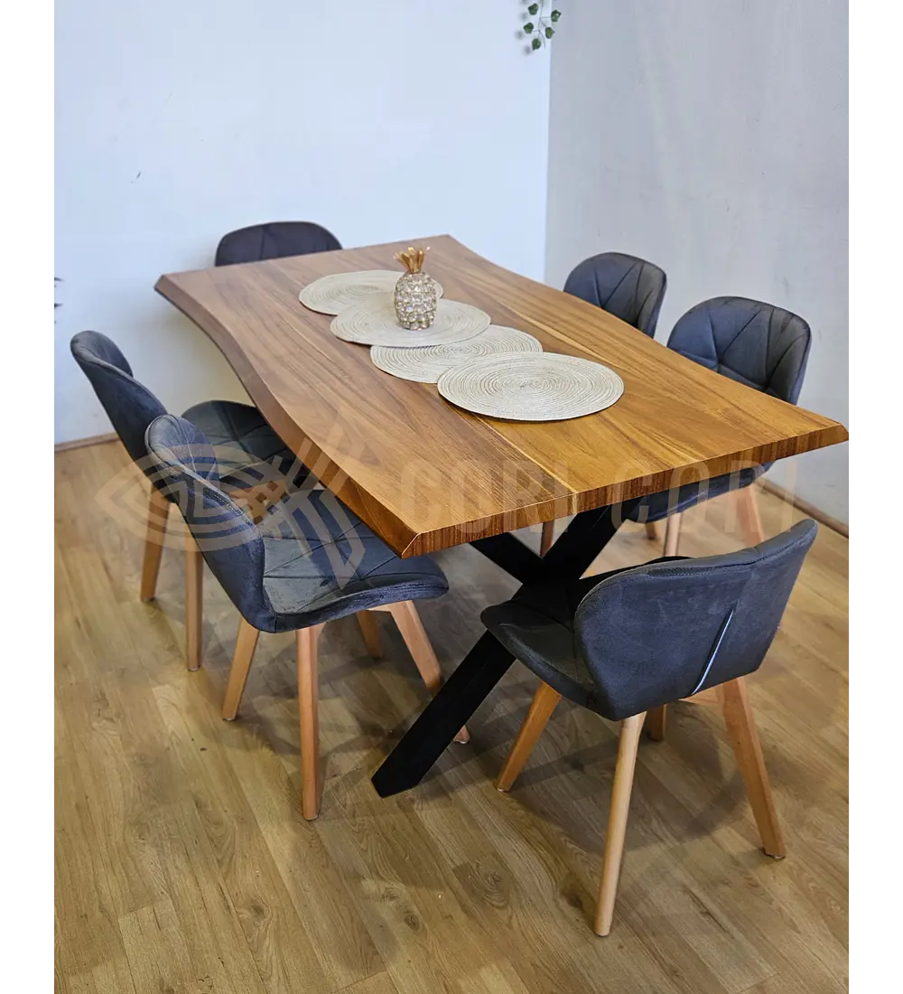 Juego de Comedor Medlock Rústica 160x90 cm + 6 Sillas Mariposa Velvet