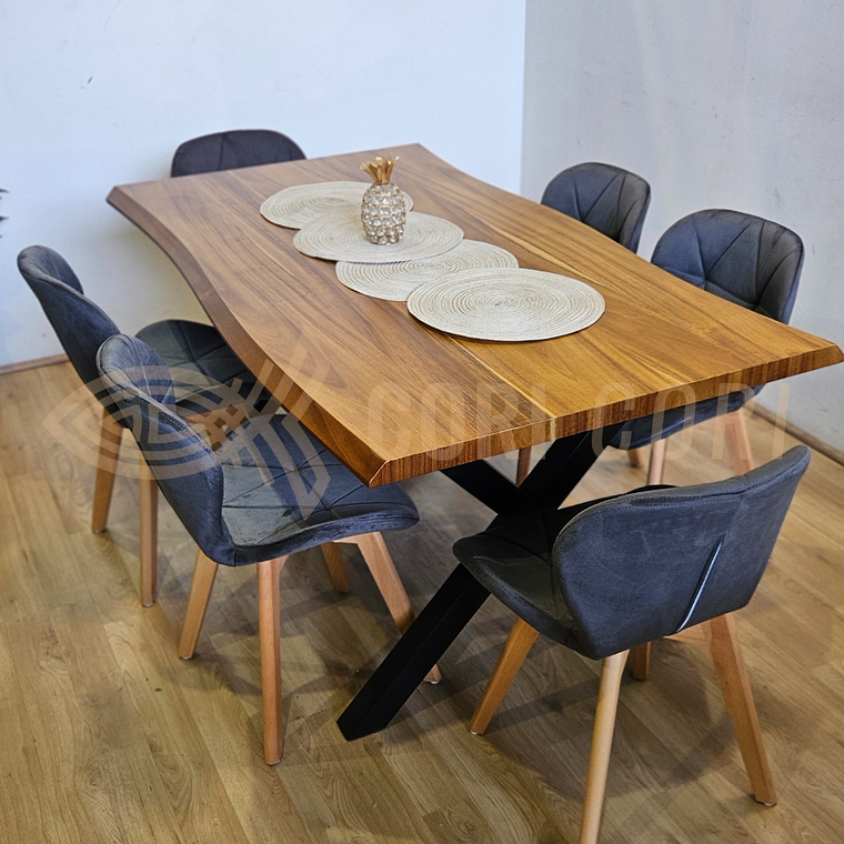 Juego de Comedor Medlock Rústica 160x90 cm + 6 Sillas Mariposa Velvet 19