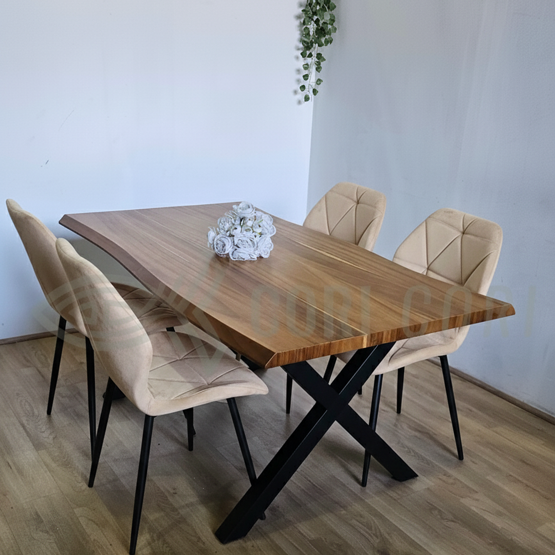 Juego de Comedor Medlock Rústica 160x90 cm + 4 Sillas Fiori Velvet Black 3