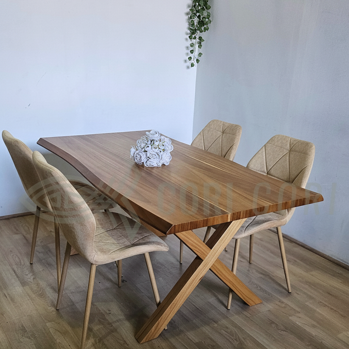 Juego de Comedor Medlock Rústica 160x90 cm + 4 Sillas Fiori Velvet wood 14