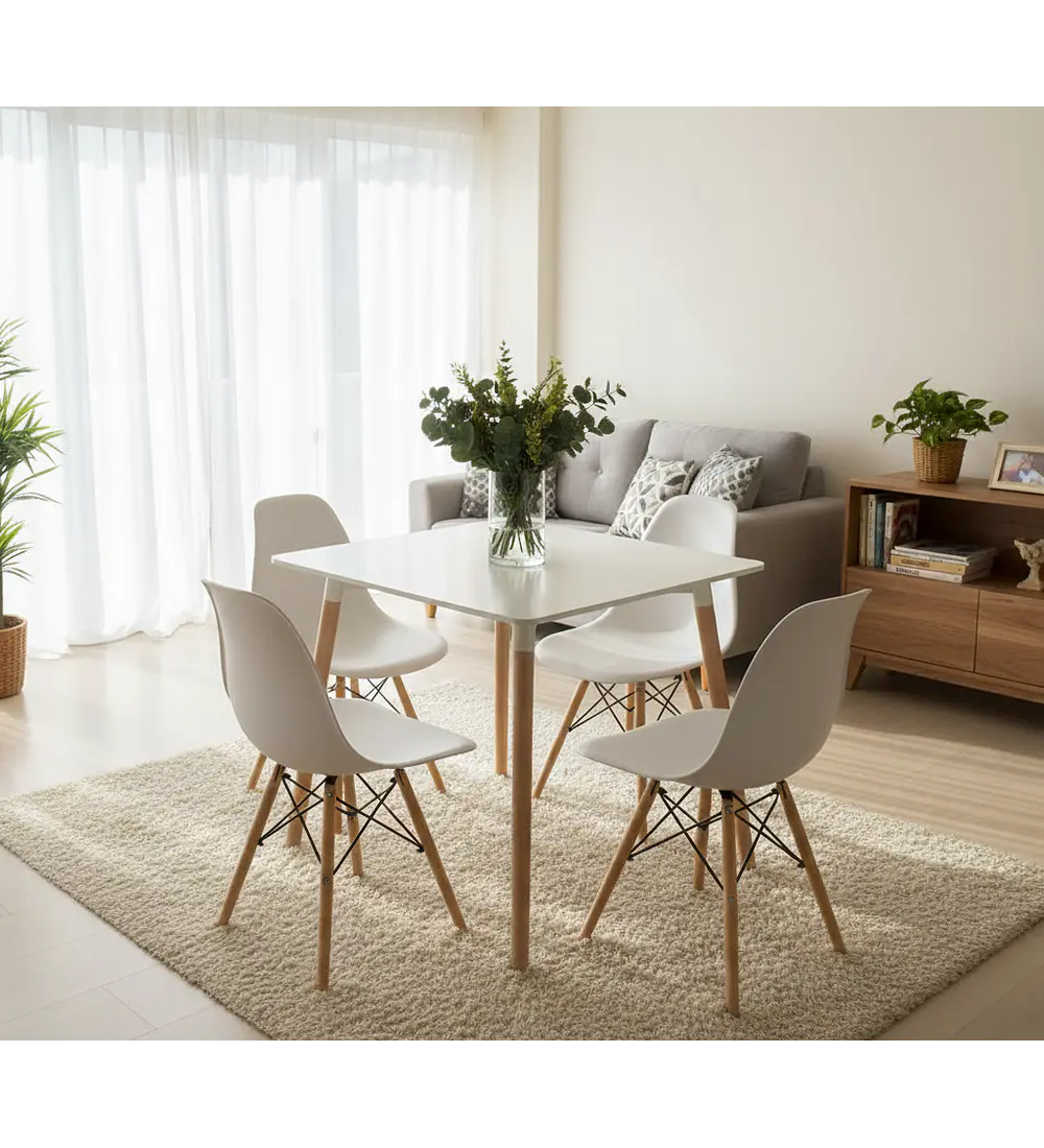 Comedor Mesa Cuadrada Melamina 80 x 80 + 4 Sillas Eames