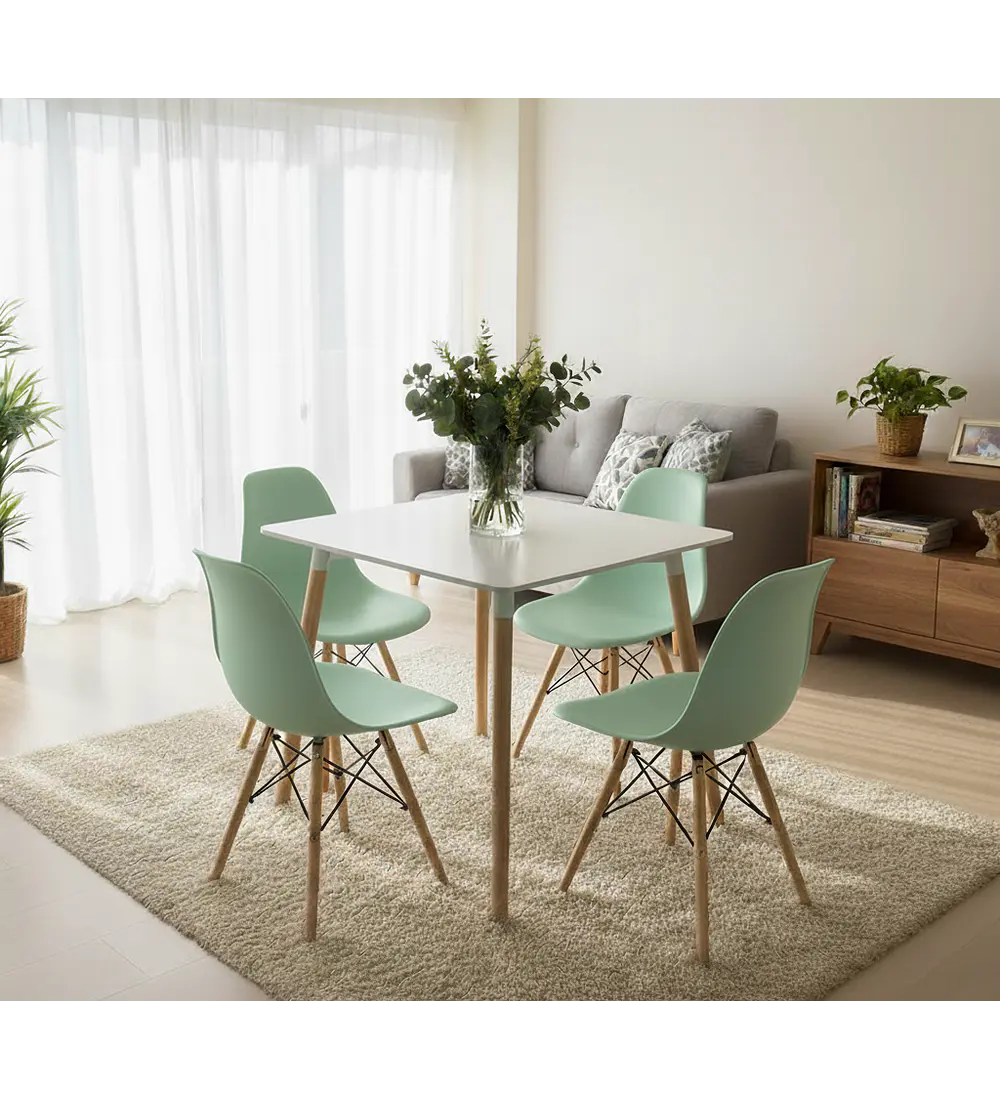 Comedor Mesa Cuadrada Melamina 80 x 80 + 4 Sillas Eames