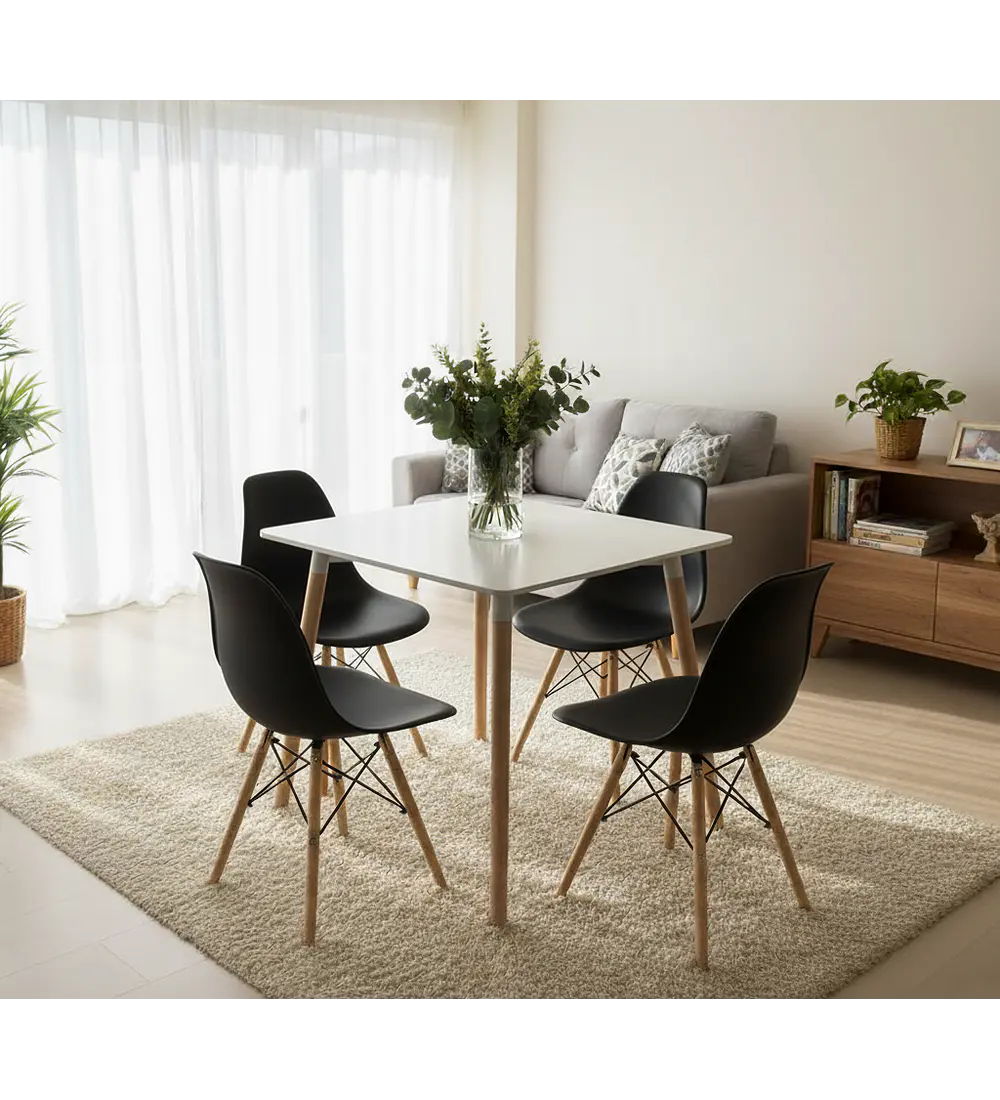 Comedor Mesa Cuadrada Melamina 80 x 80 + 4 Sillas Eames