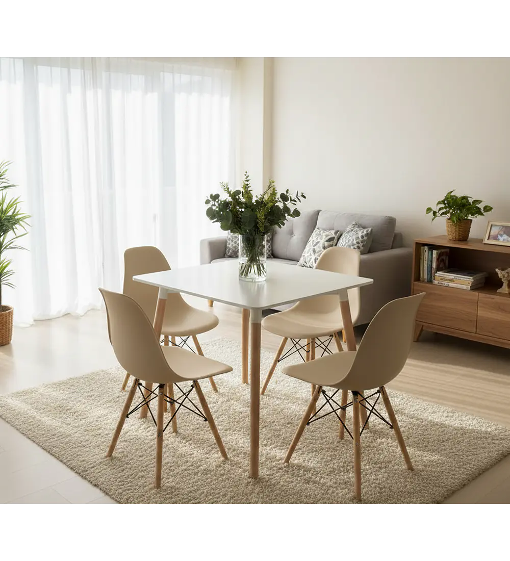 Comedor Mesa Cuadrada Melamina 80 x 80 + 4 Sillas Eames