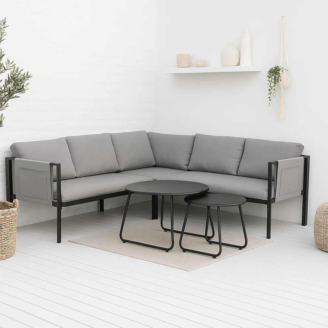 Set Soho 3 Sofás Esquineros Grises + 2 Mesas de Centro 1