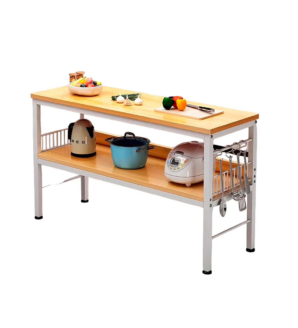 Mesa de Cocina Organizadora 2 Niveles Metal y Madera Clara - Blanca