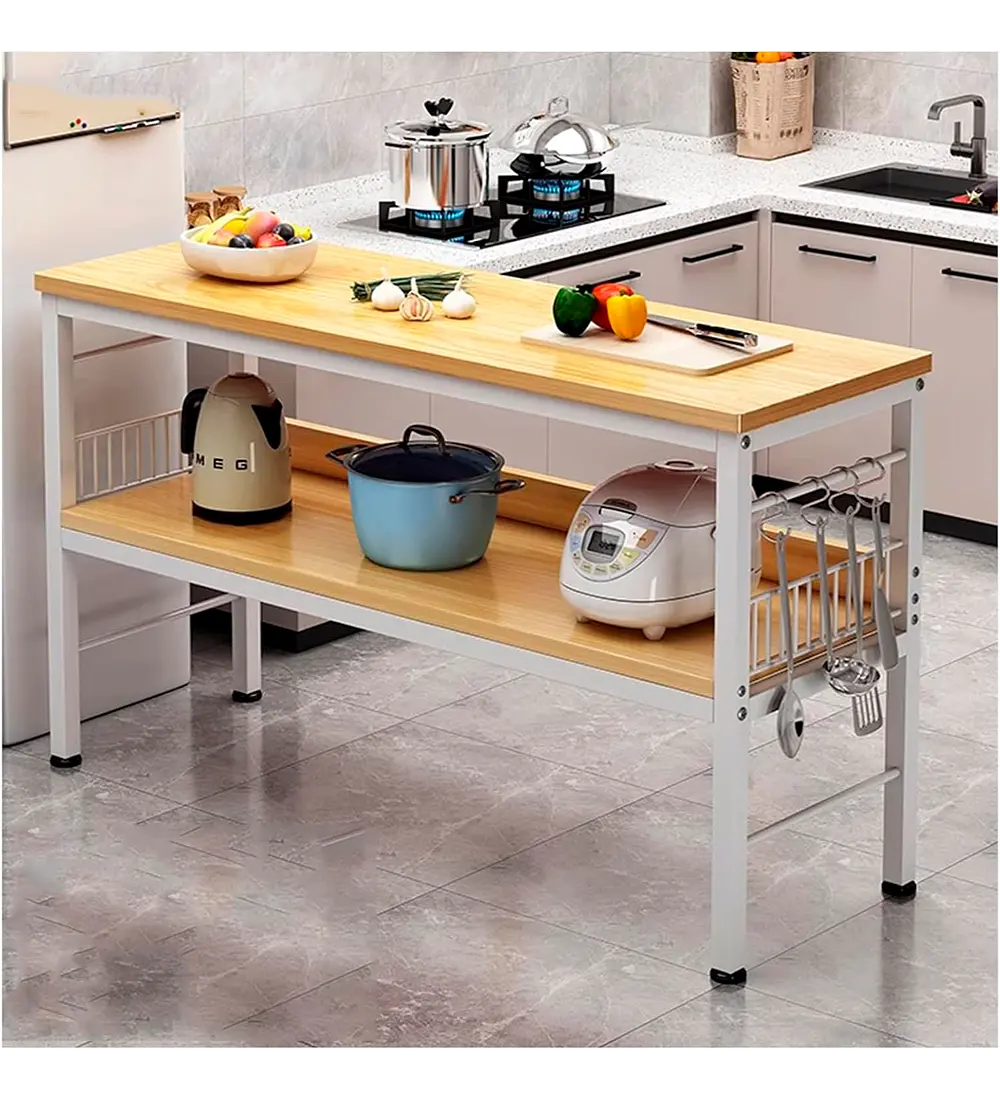 Mesa de Cocina Organizadora 2 Niveles Metal y Madera Clara - Blanca