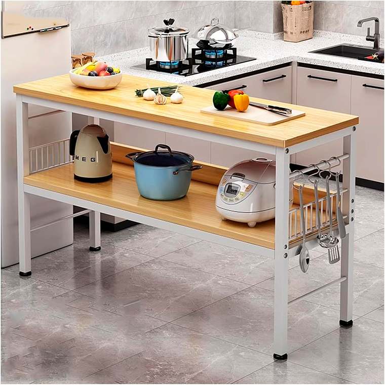 Mesa de Cocina Organizadora 2 Niveles Metal y Madera Clara - Blanca 3