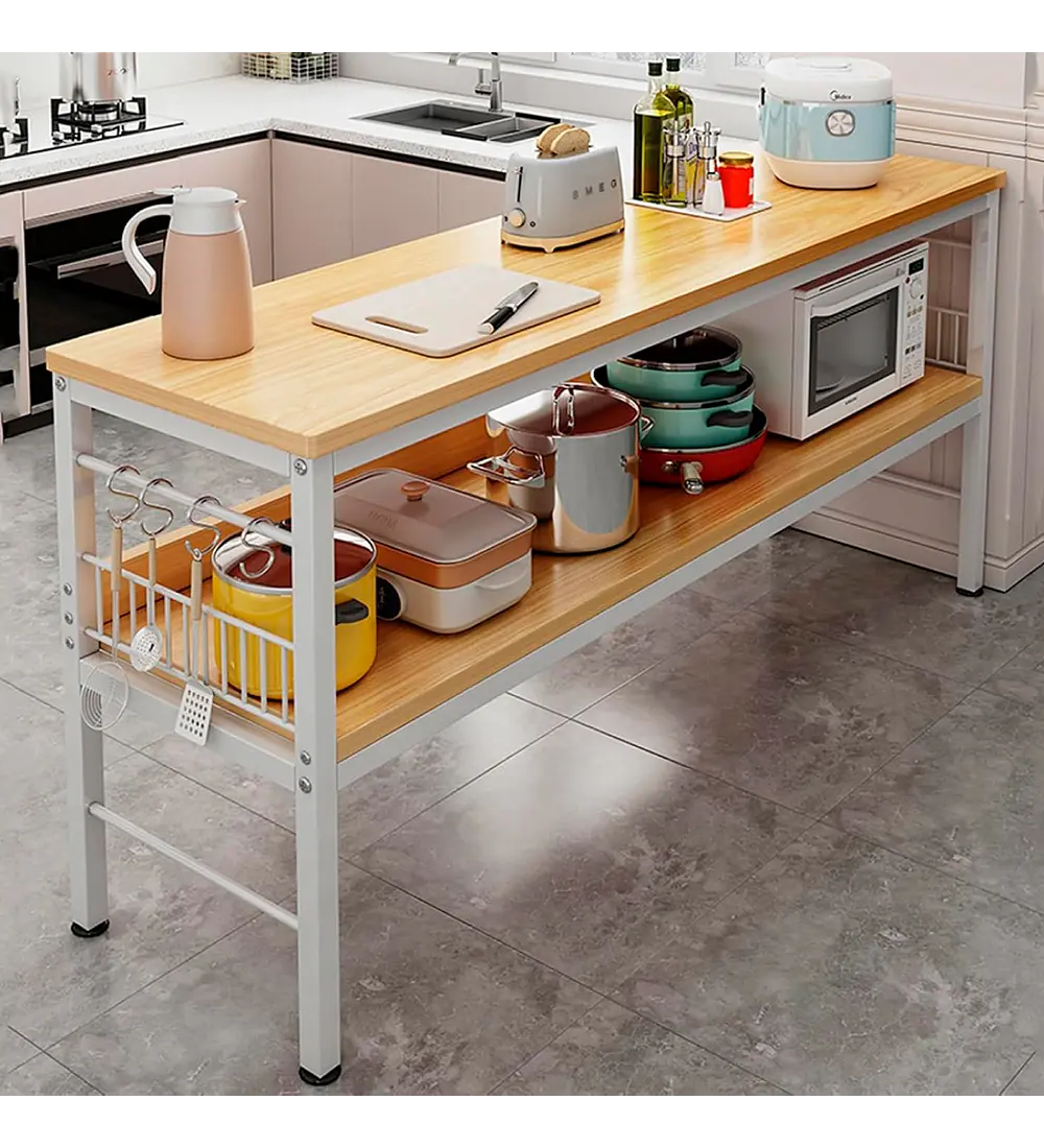 Mesa de Cocina Organizadora 2 Niveles Metal y Madera Clara - Blanca