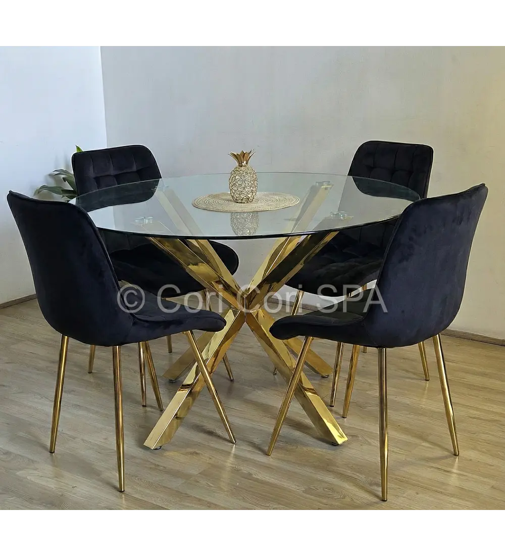 Comedor Warwick Dorada 120cm + 4 Sillas Capitonne Top Gold