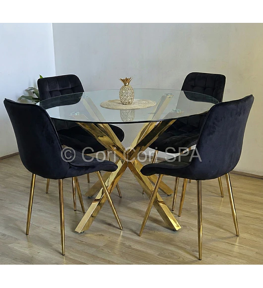 Comedor Warwick Dorada 120cm + 4 Sillas Capitonne Top Gold