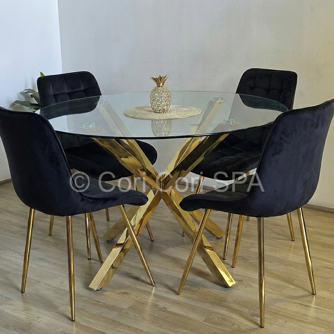 Comedor Warwick Dorada 120cm + 4 Sillas Capitonne Top Gold 1