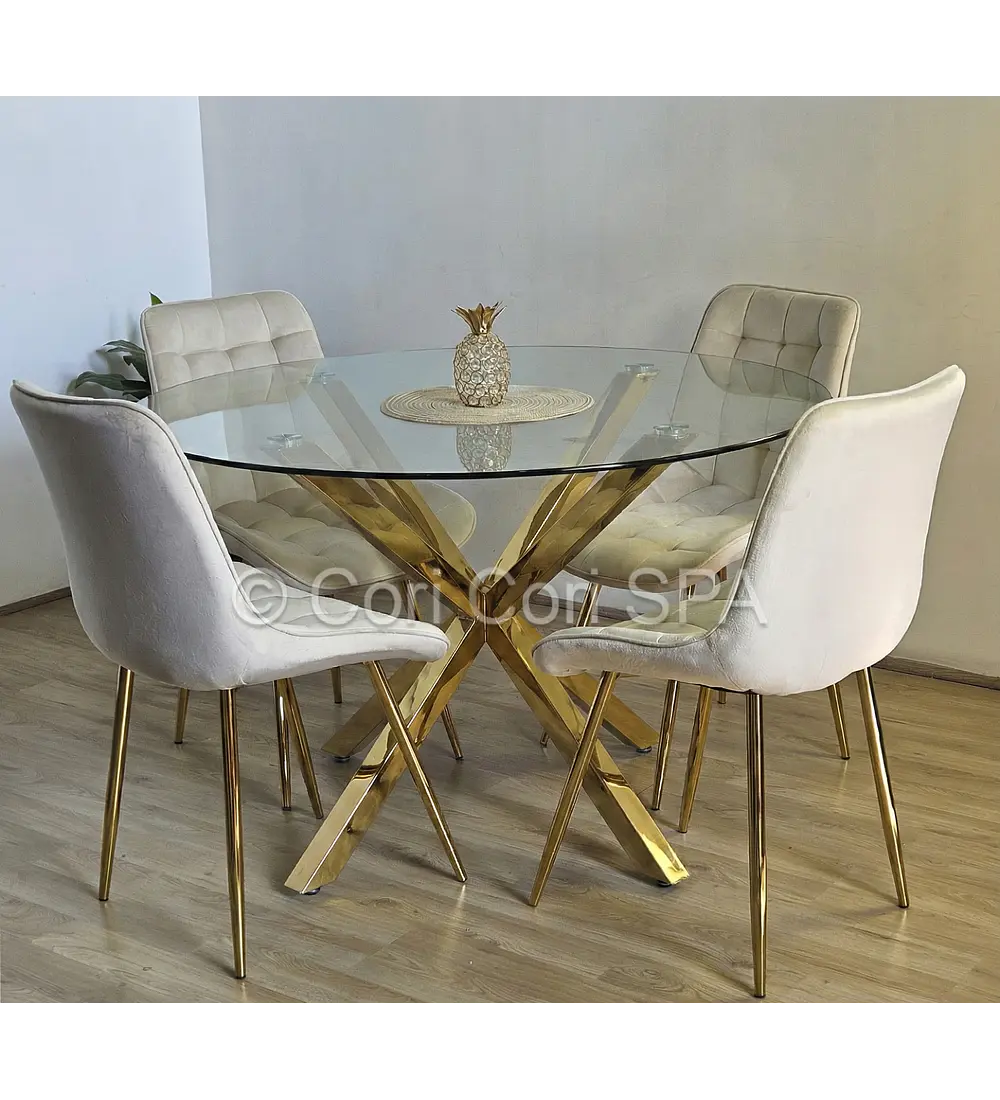 Comedor Warwick Dorada 120cm + 4 Sillas Capitonne Top Gold