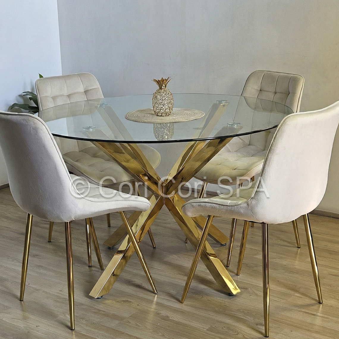 Comedor Warwick Dorada 120cm + 4 Sillas Capitonne Top Gold 2