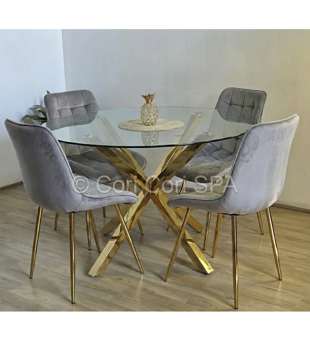 Comedor Warwick Dorada 120cm + 4 Sillas Capitonne Top Gold