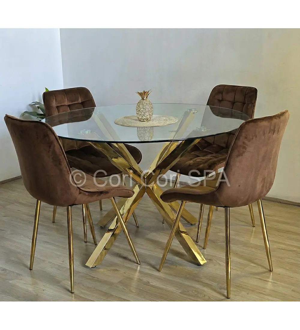 Comedor Warwick Dorada 120cm + 4 Sillas Capitonne Top Gold