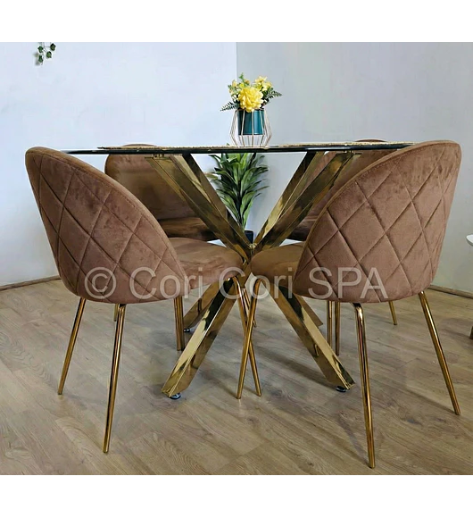Comedor Warwick Dorada 120cm + 4 Sillas Bread Gold 
