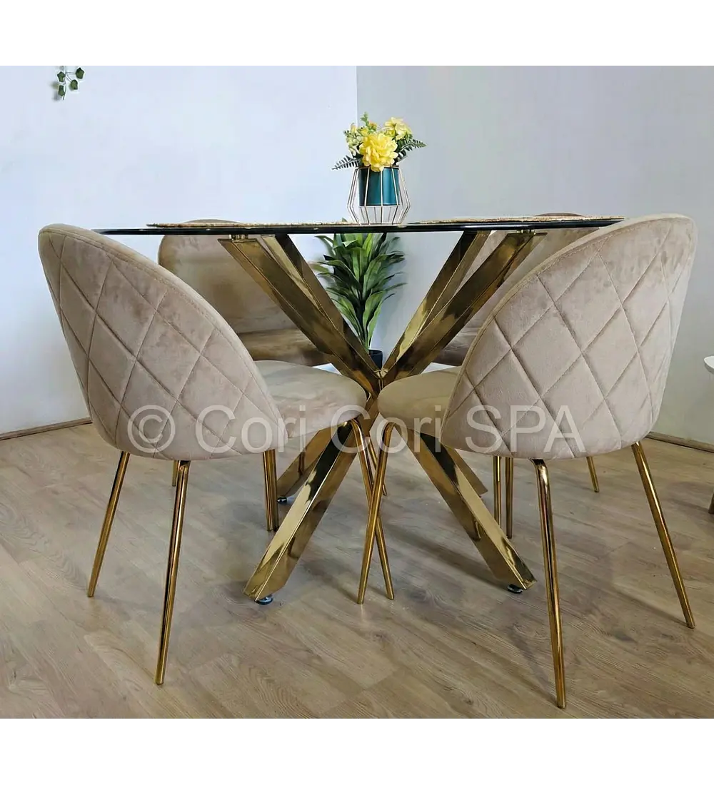 Comedor Warwick Dorada 120cm + 4 Sillas Bread Gold 