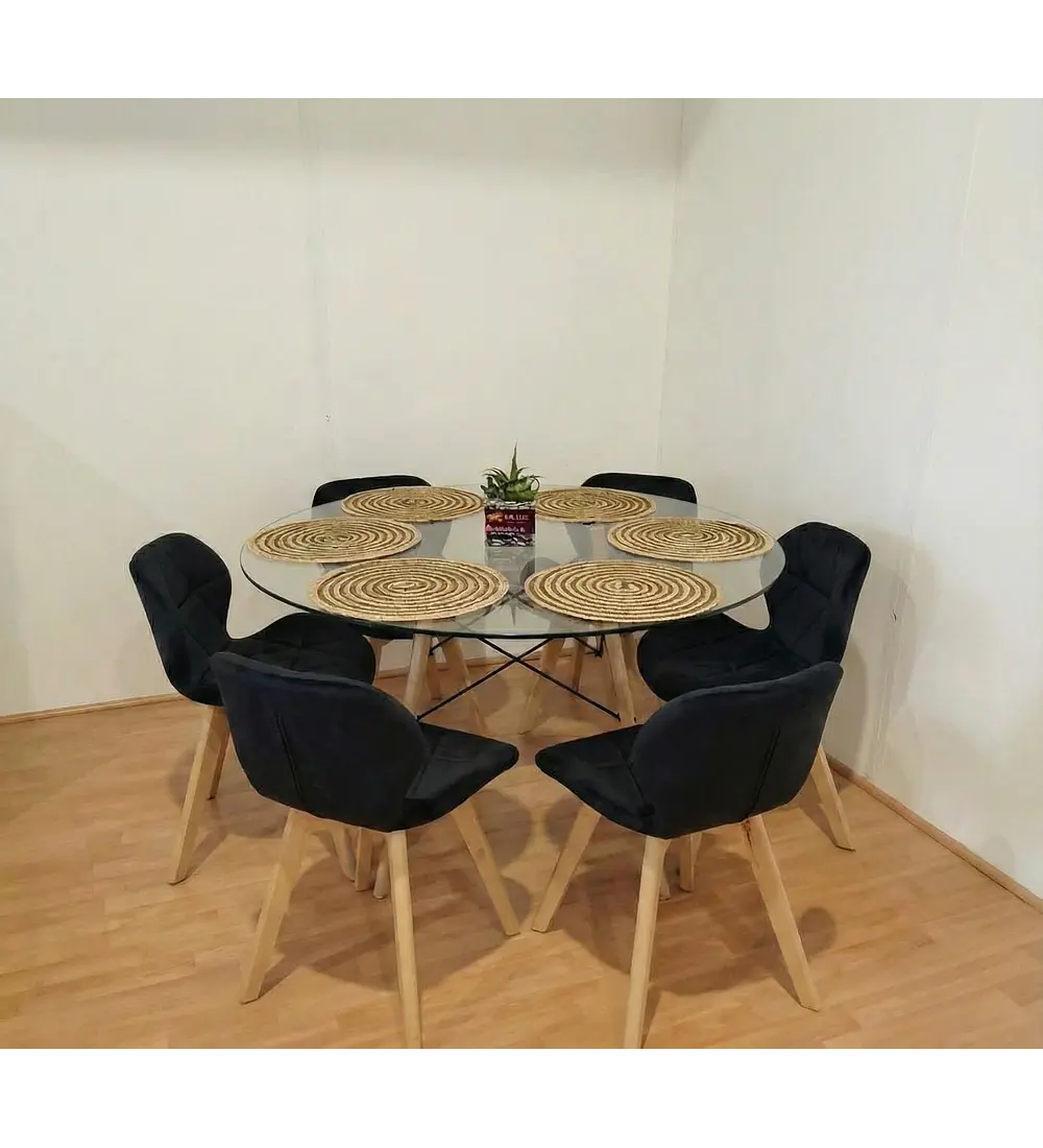 Comedor Eames Vidrio 120cms + 6 Sillas Mariposa Velvet