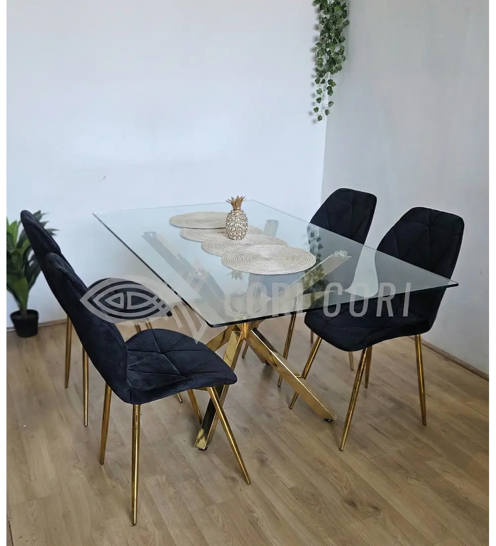 Comedor Madrid Dorada 140 x 80cm + 4 Sillas Fiori Velvet Gold