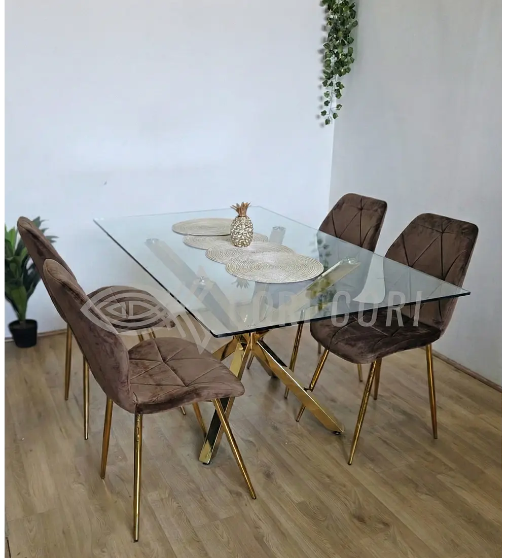 Comedor Madrid Dorada 140 x 80cm + 4 Sillas Fiori Velvet Gold