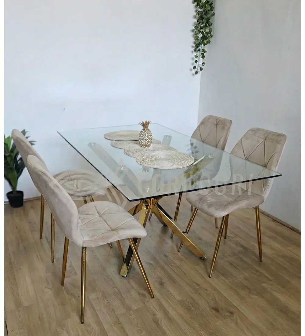 Comedor Madrid Dorada 140 x 80cm + 4 Sillas Fiori Velvet Gold
