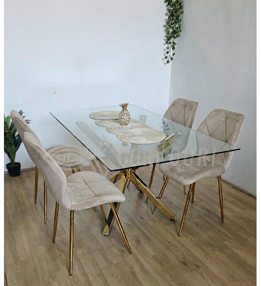 Comedor Madrid Dorada 140 x 80cm + 4 Sillas Fiori Velvet Gold