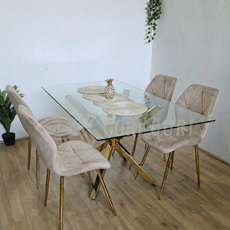 Comedor Madrid Dorada 140 x 80cm + 4 Sillas Fiori Velvet Gold 1