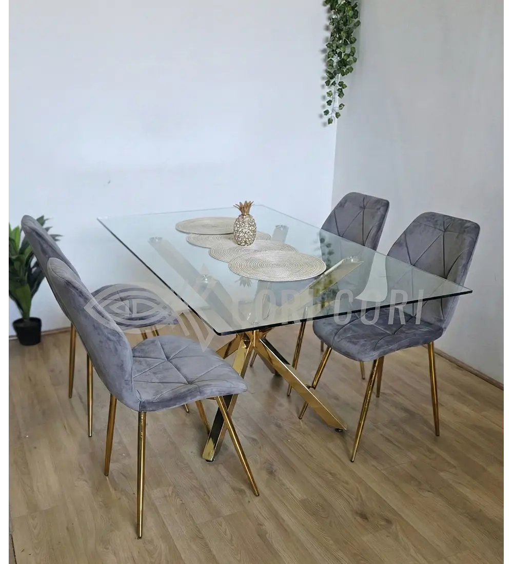 Comedor Madrid Dorada 140 x 80cm + 4 Sillas Fiori Velvet Gold