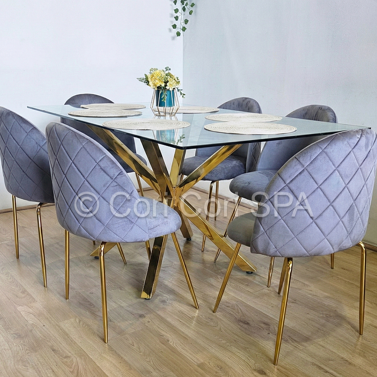 Comedor Madrid Dorada 140x80cms + 6 Sillas Bread Gold Velvet 1