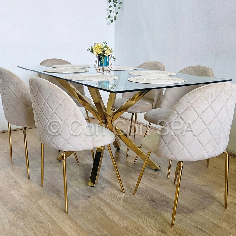 Comedor Madrid Dorada 140x80cms + 6 Sillas Bread Gold Velvet 7