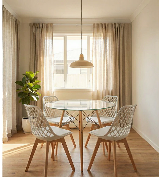 Comedor Eames Vidrio 100 cms + 4 Sillas Tulip Mesh