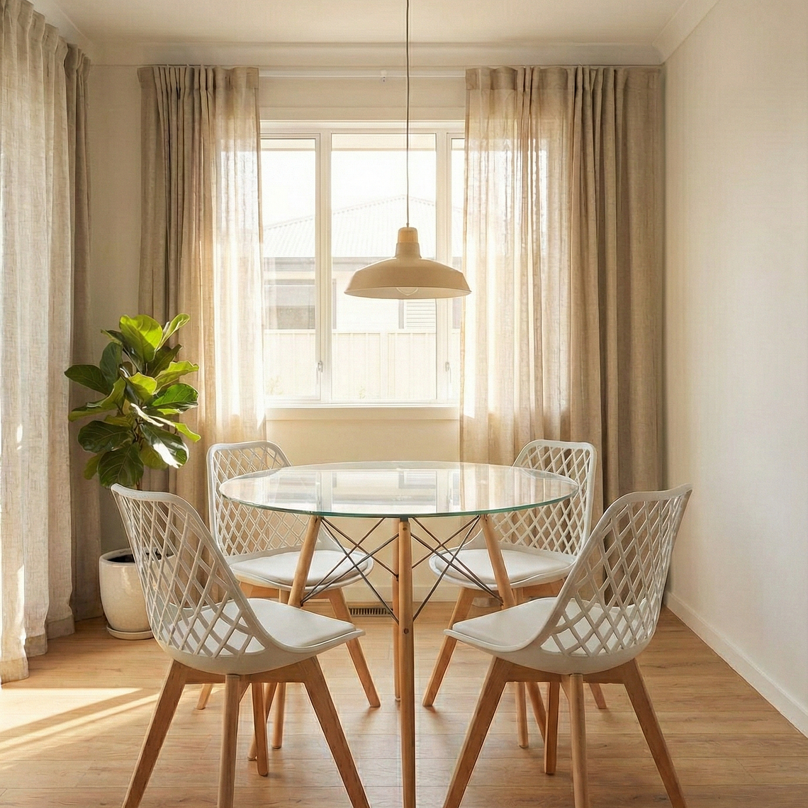 Comedor Eames Vidrio 100 cms + 4 Sillas Tulip Mesh 1