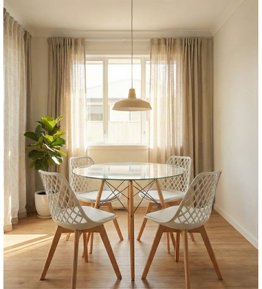 Comedor Eames Vidrio 100 cms + 4 Sillas Tulip Mesh