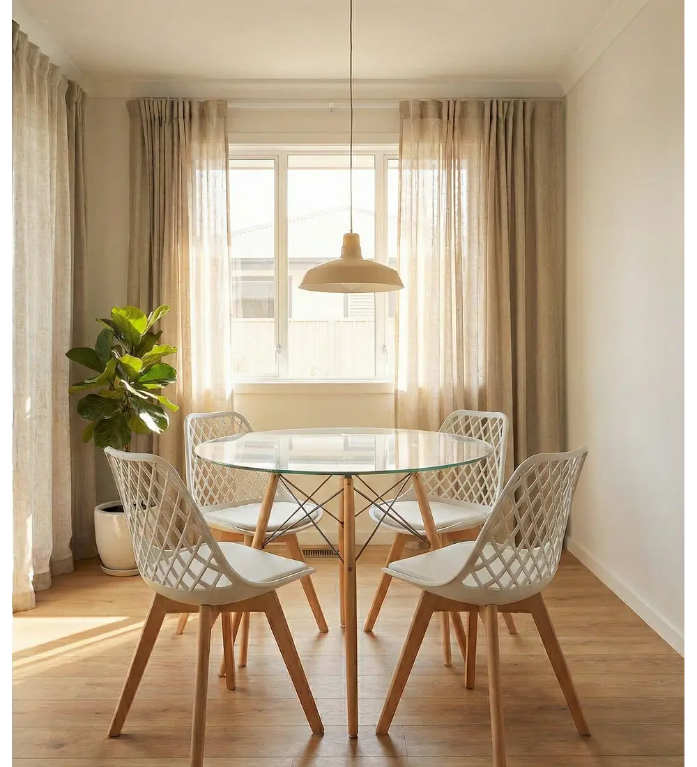 Comedor Eames Vidrio 100 cms + 4 Sillas Tulip Mesh
