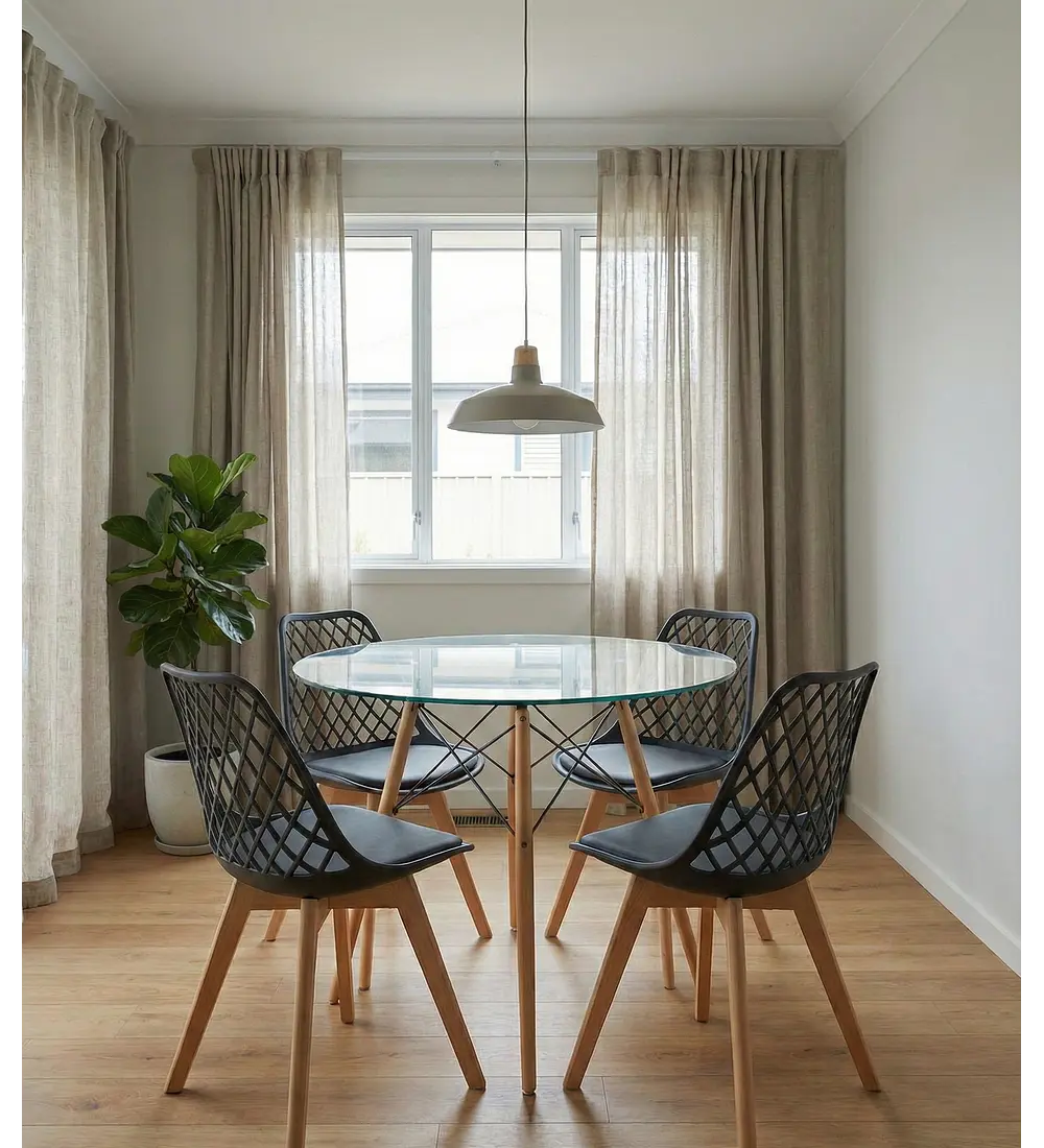Comedor Eames Vidrio 100 cms + 4 Sillas Tulip Mesh