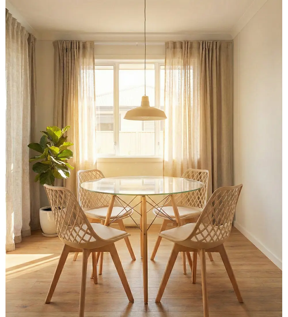 Comedor Eames Vidrio 100 cms + 4 Sillas Tulip Mesh