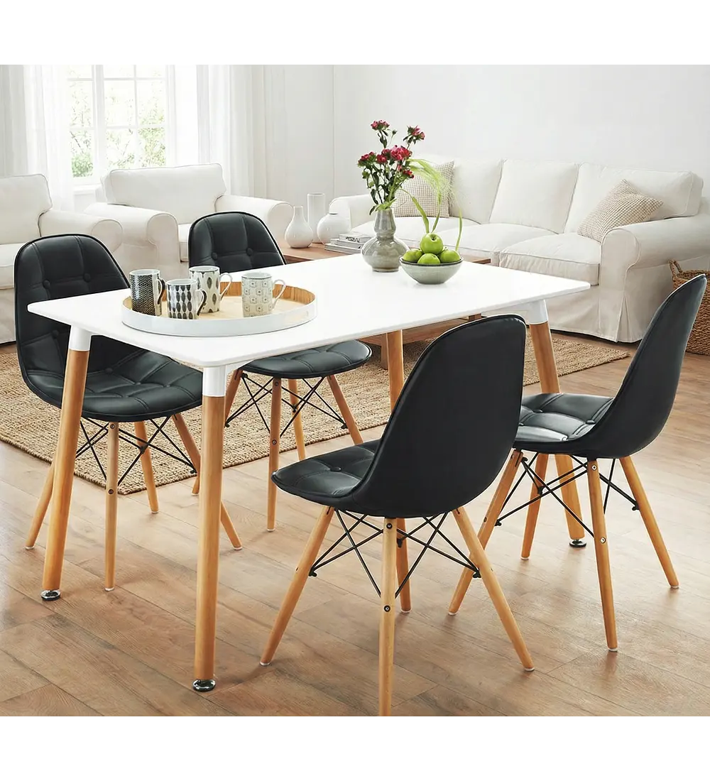 Comedor Mesa Rectangular Melamina 120 x 80 + 4 Sillas Eames Capitonne