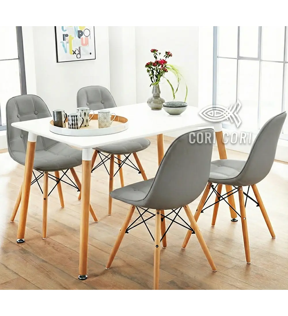 Comedor Mesa Rectangular Melamina 120 x 80 + 4 Sillas Eames Capitonne