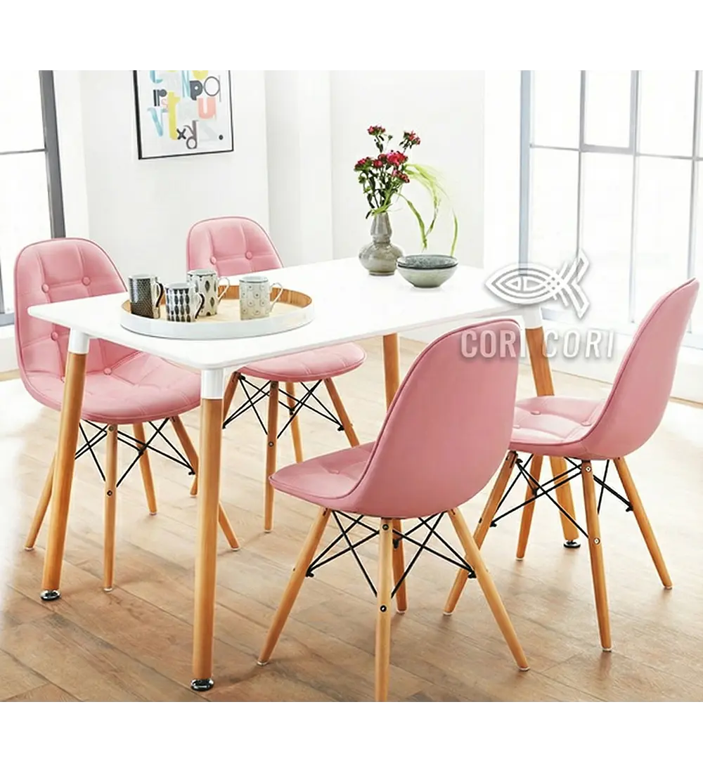Comedor Mesa Rectangular Melamina 120 x 80 + 4 Sillas Eames Capitonne