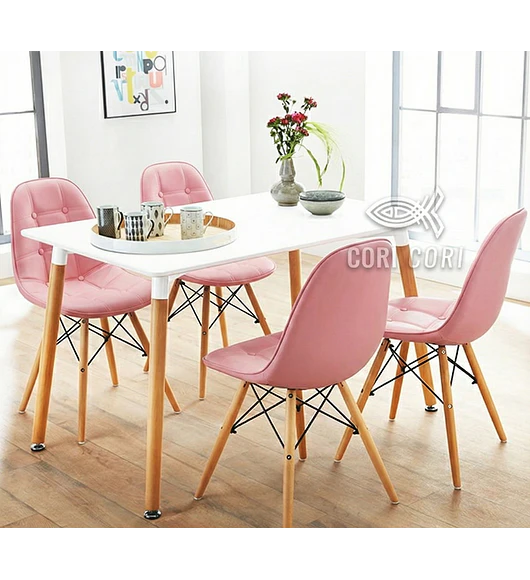 Comedor Mesa Rectangular Melamina 120 x 80 + 4 Sillas Eames Capitonne