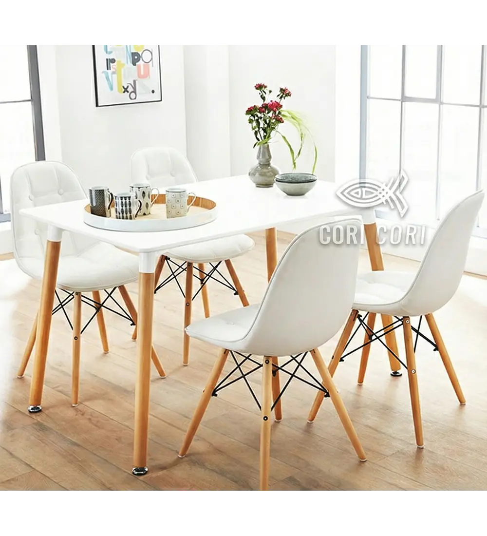 Comedor Mesa Rectangular Melamina 120 x 80 + 4 Sillas Eames Capitonne