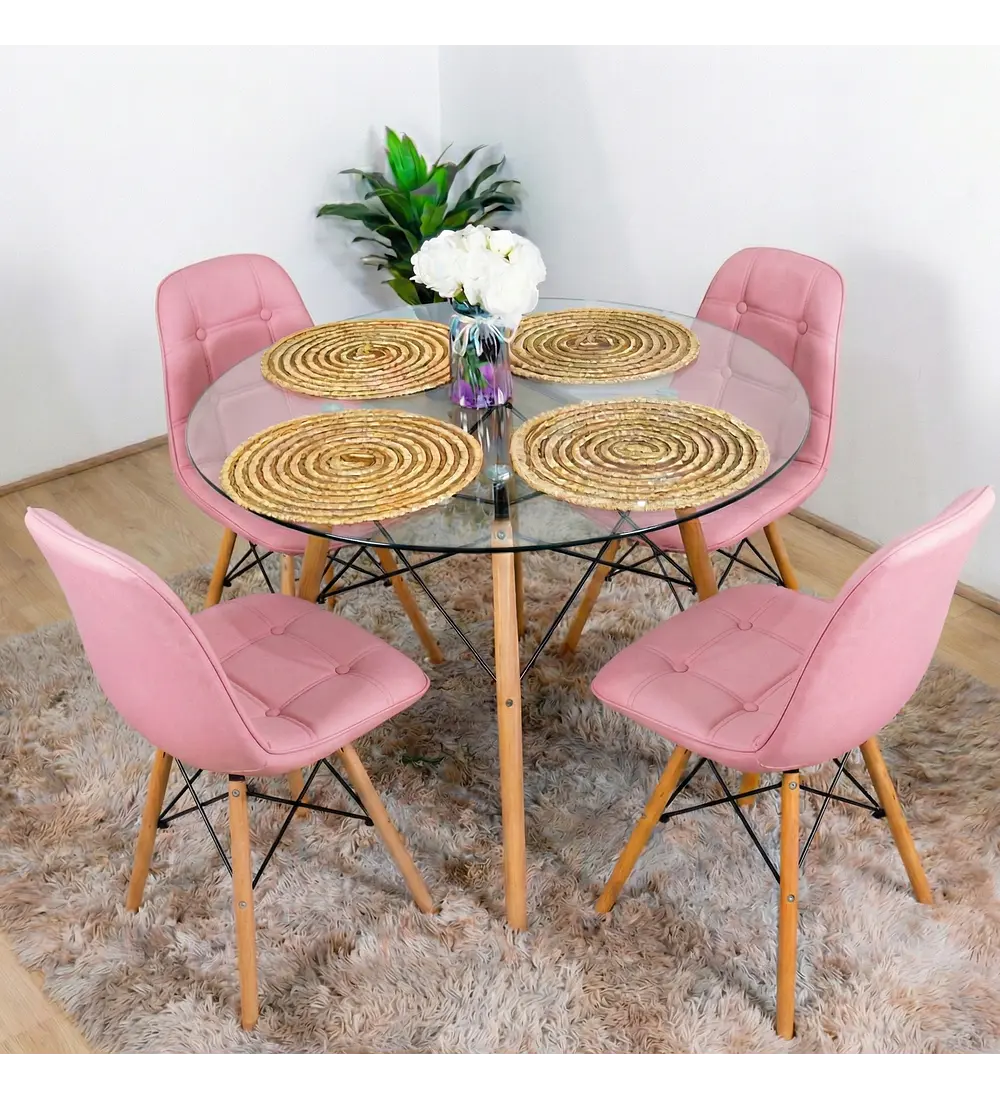 Comedor Eames Vidrio 80cms + 4 Sillas Capitonne Eames Ecocuero