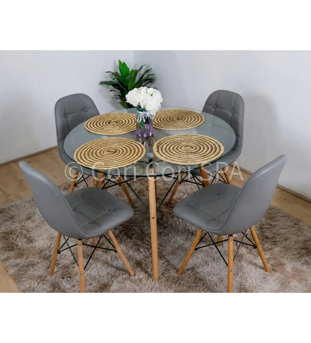 Comedor Eames Vidrio 100cms + 4 Sillas Capitonne Eames Ecocuero