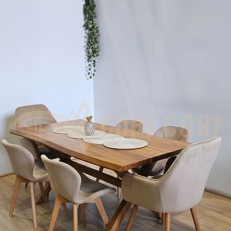 Juego de Comedor Medlock Rústica 160x90 cm + 4 Sillas Mariposa Velvet + 2 Poltrona Diamante 10