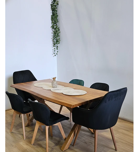 Juego de Comedor Medlock Rústica 160x90 cm + 4 Sillas Mariposa Velvet + 2 Poltrona Diamante