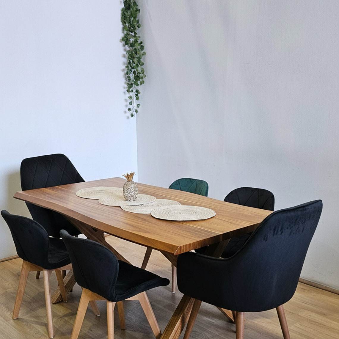 Juego de Comedor Medlock Rústica 160x90 cm + 4 Sillas Mariposa Velvet + 2 Poltrona Diamante 1